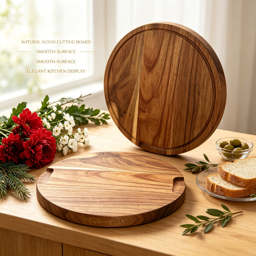 Planche à découper ronde en acacia à rainure à jus — 30,1 cm de diamètre