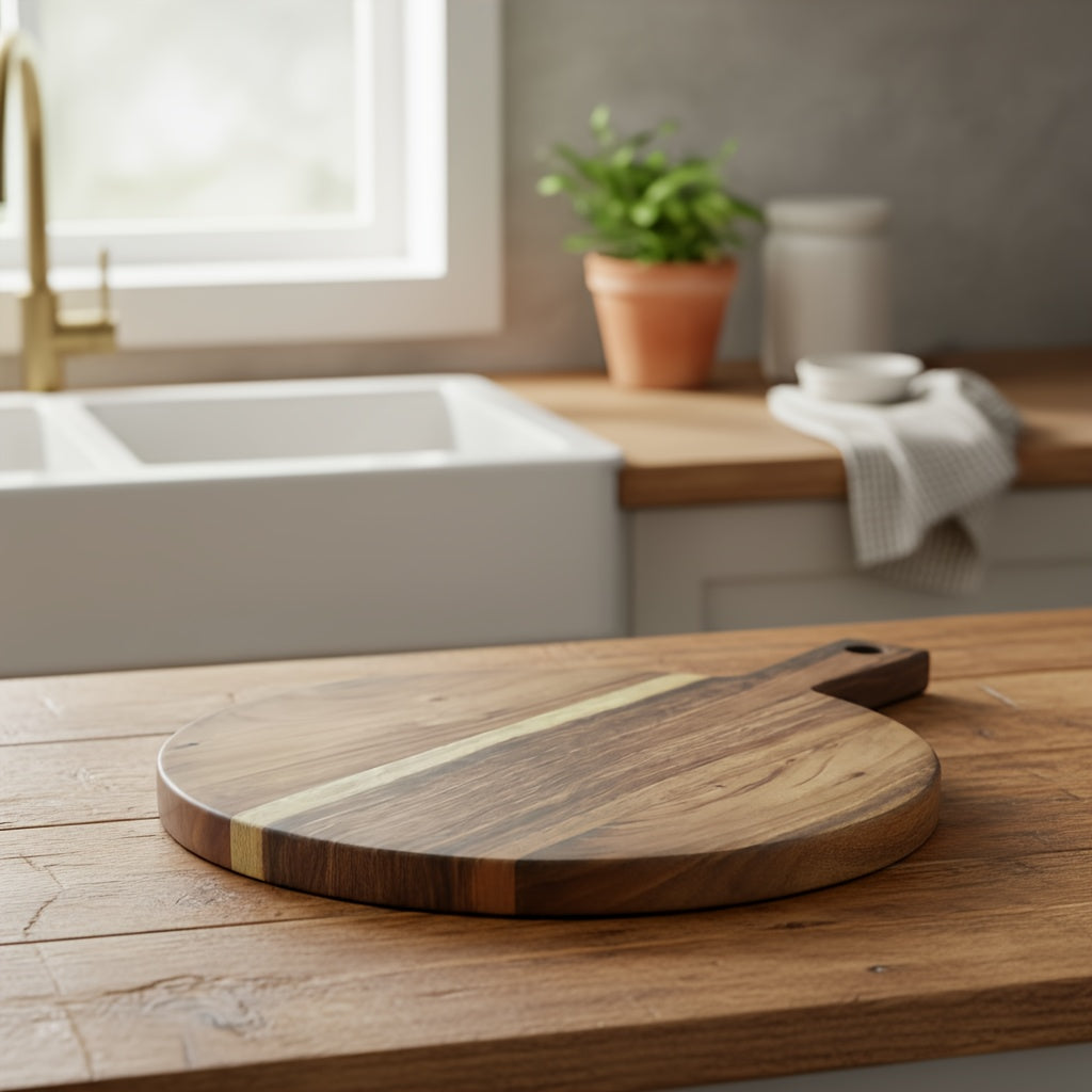Planche à découper ronde en acacia à poignée — 39,2 x 29,8 cm