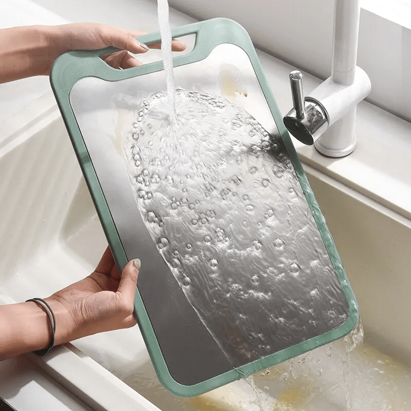 Planche à découper en inox à rainure à jus réversible