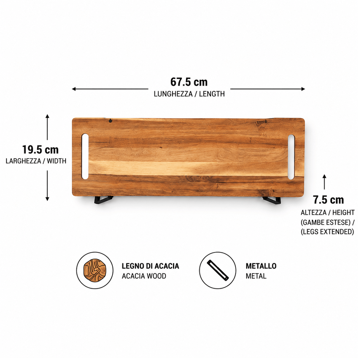 Plateau de service en acacia — 67,5 x 19,5 cm