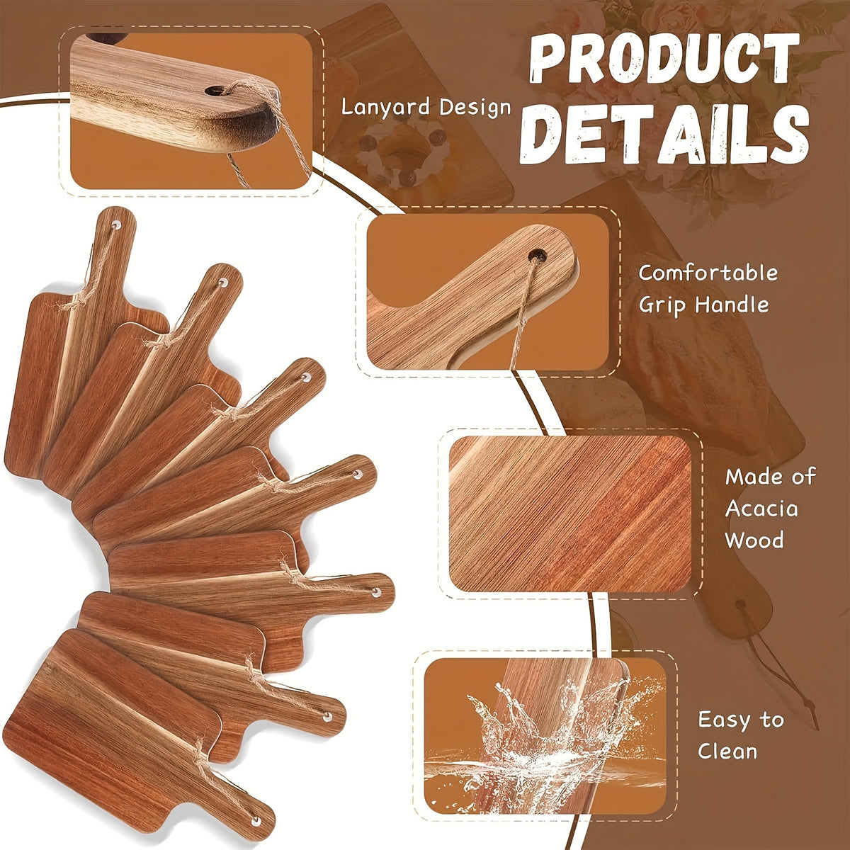 Planche à découper en acacia à poignée — lot de 6, 30 cm de diamètre