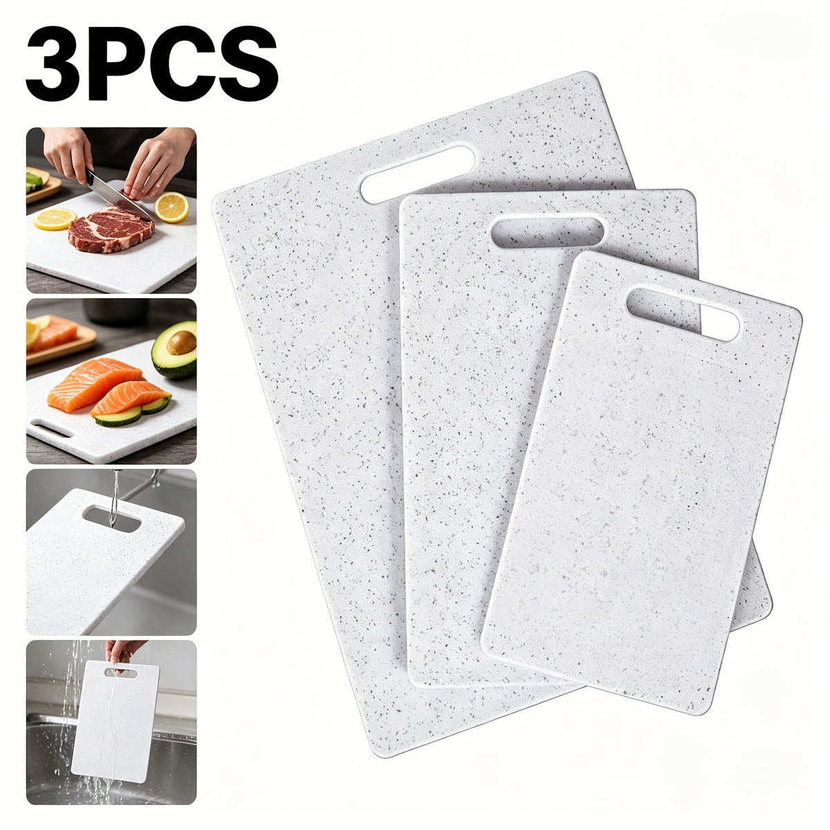 Ensemble de 3 planches à découper en plastique blanc (S+M+L)