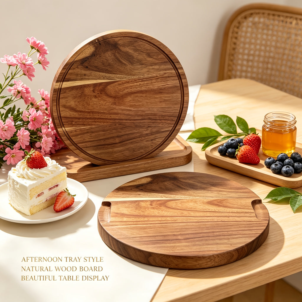 Planche à découper ronde en acacia à rainure à jus — 30,1 cm de diamètre