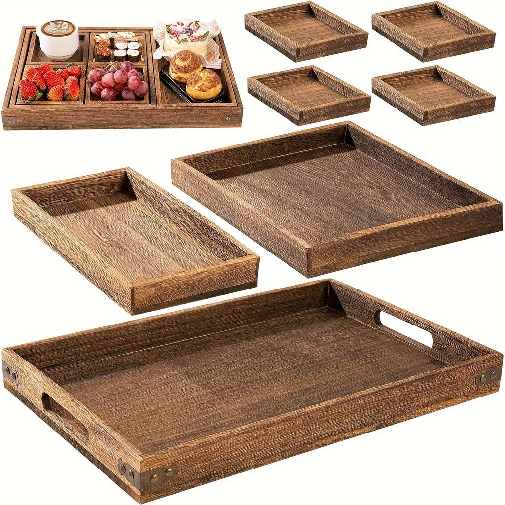 Plateau de petit-déjeuner en bois à poignée — lot de 7