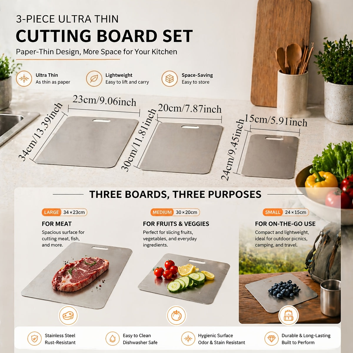 Planche à découper en inox — lot de 3