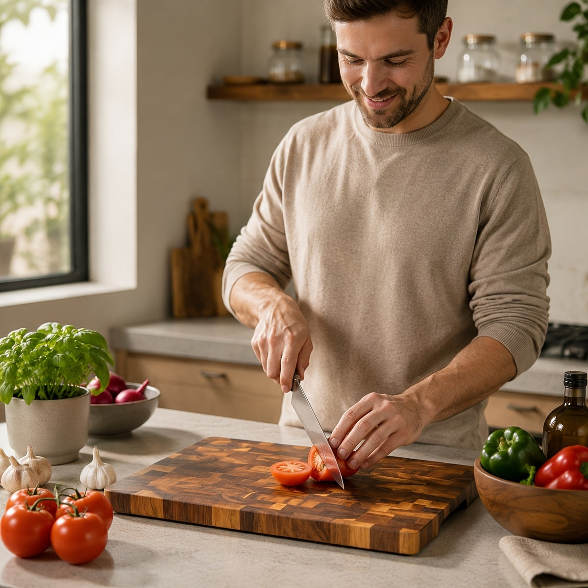 Planche à découper en acacia à poignée pour viande et poisson