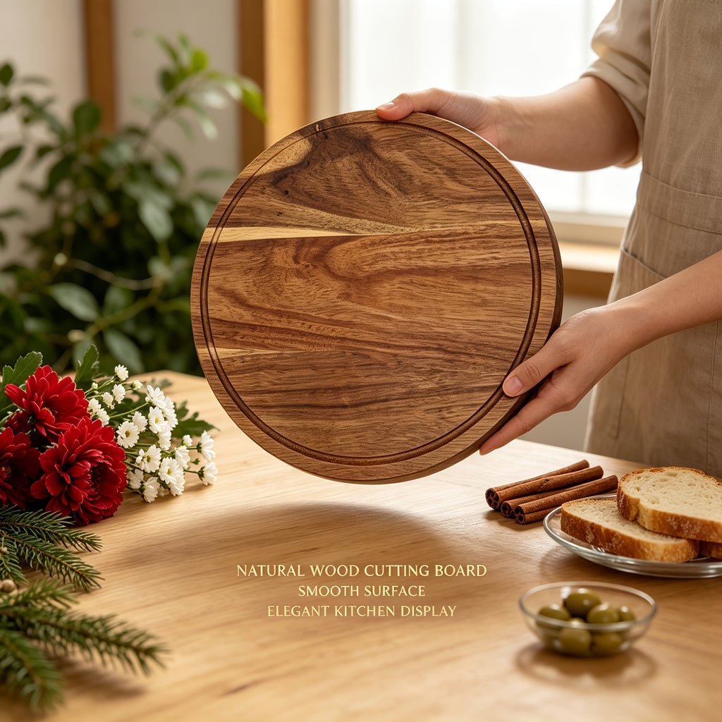 Planche à découper ronde en acacia à rainure à jus — 30,1 cm de diamètre