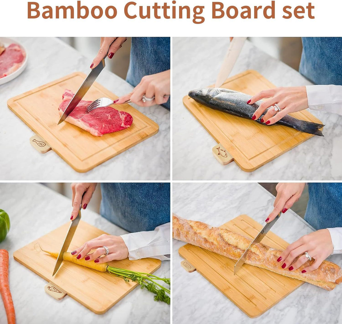 Planche à découper en bambou avec support — lot de 4, 36,3 x 11,9 cm