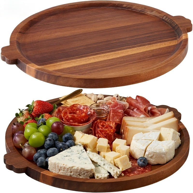 Plateau de service rond en acacia à poignée — 38 cm de diamètre