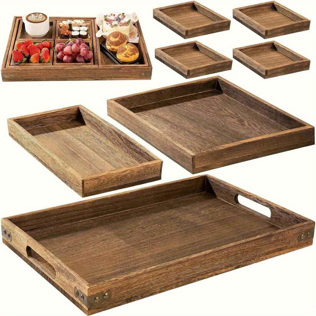 Plateau de petit-déjeuner en bois à poignée — lot de 7