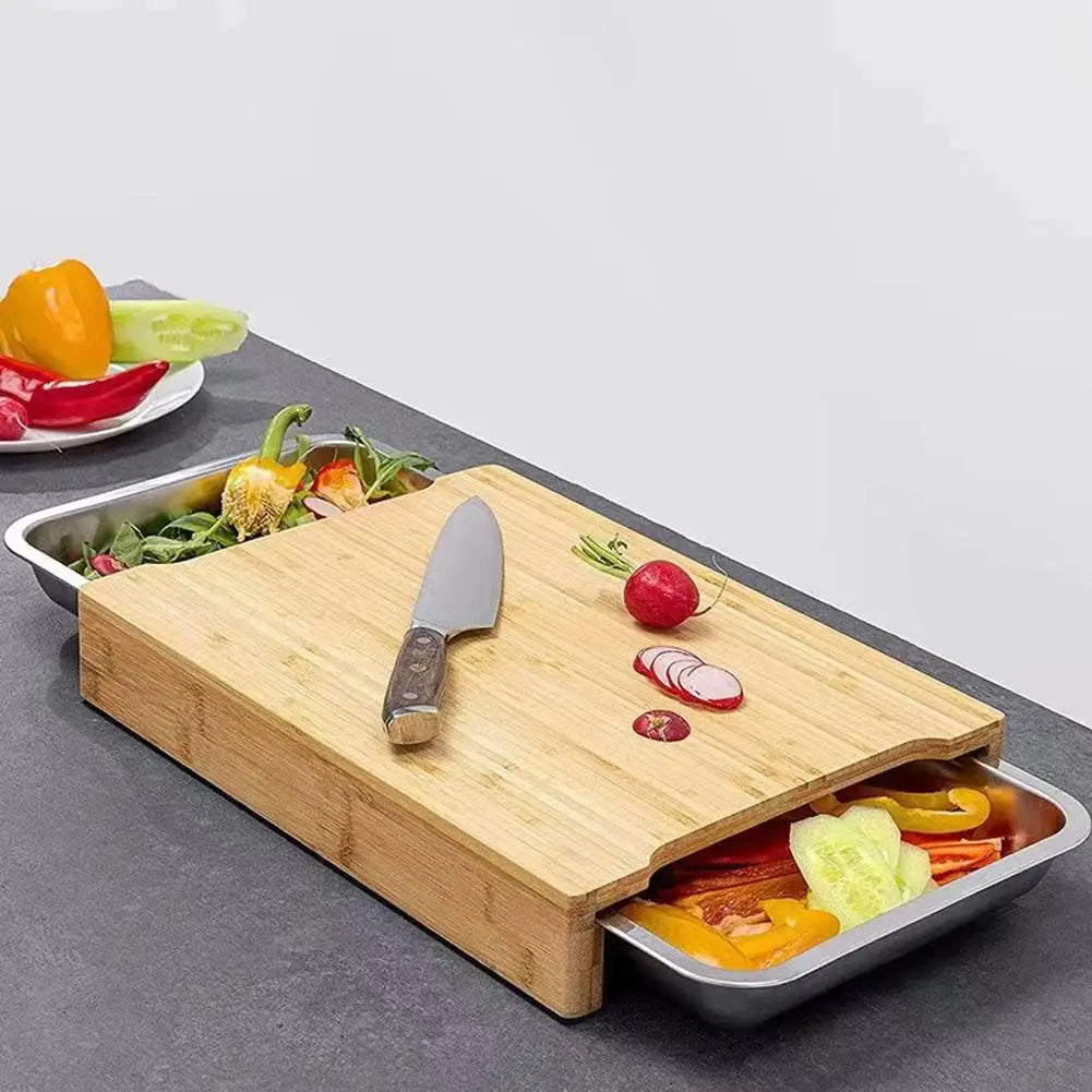 Planche à découper en bambou avec bac antidérapante pour service et plateau