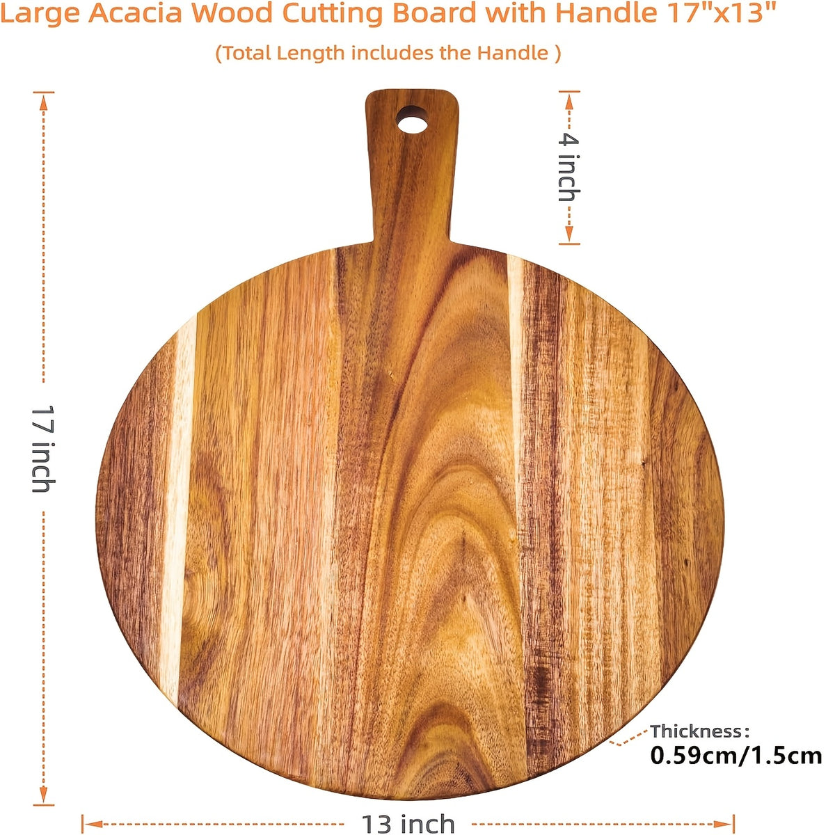 Planche à découper ronde en acacia à poignée — 43,2 x 33 cm