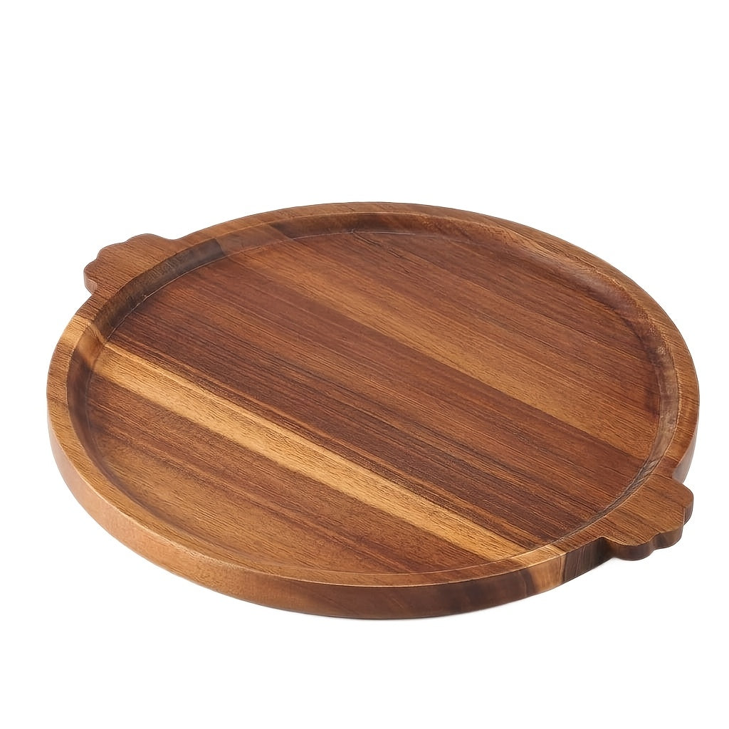 Plateau de service rond en acacia à poignée — 38 cm de diamètre