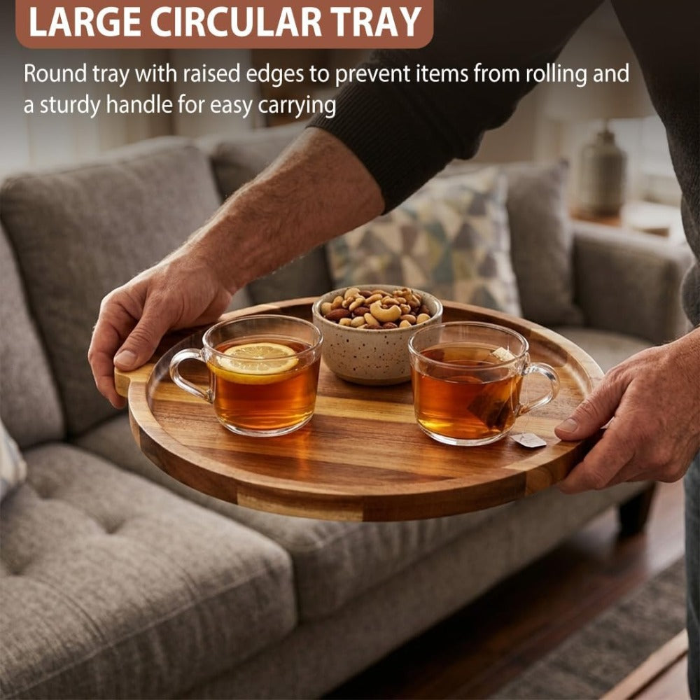Plateau de service rond en acacia à poignée — 38 cm de diamètre
