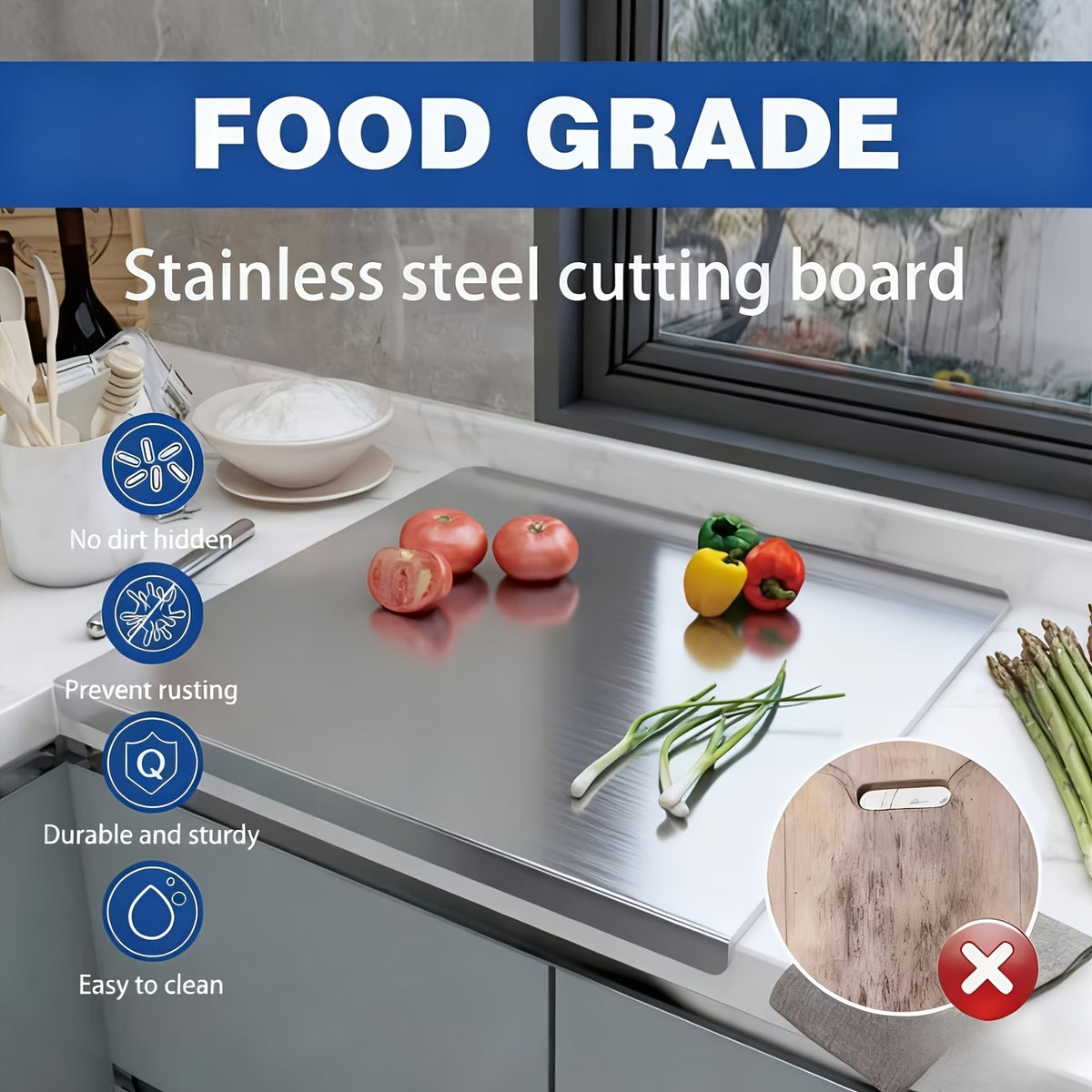Grande planche à découper en inox réversible — 60 x 40 cm