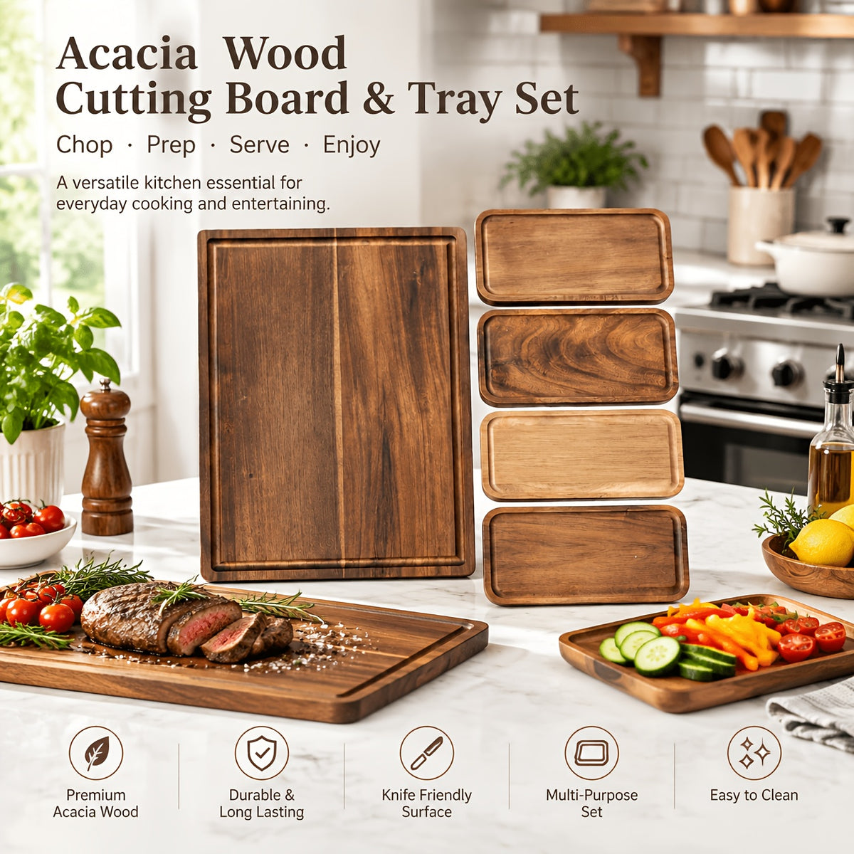 Planche à découper en acacia — lot de 5