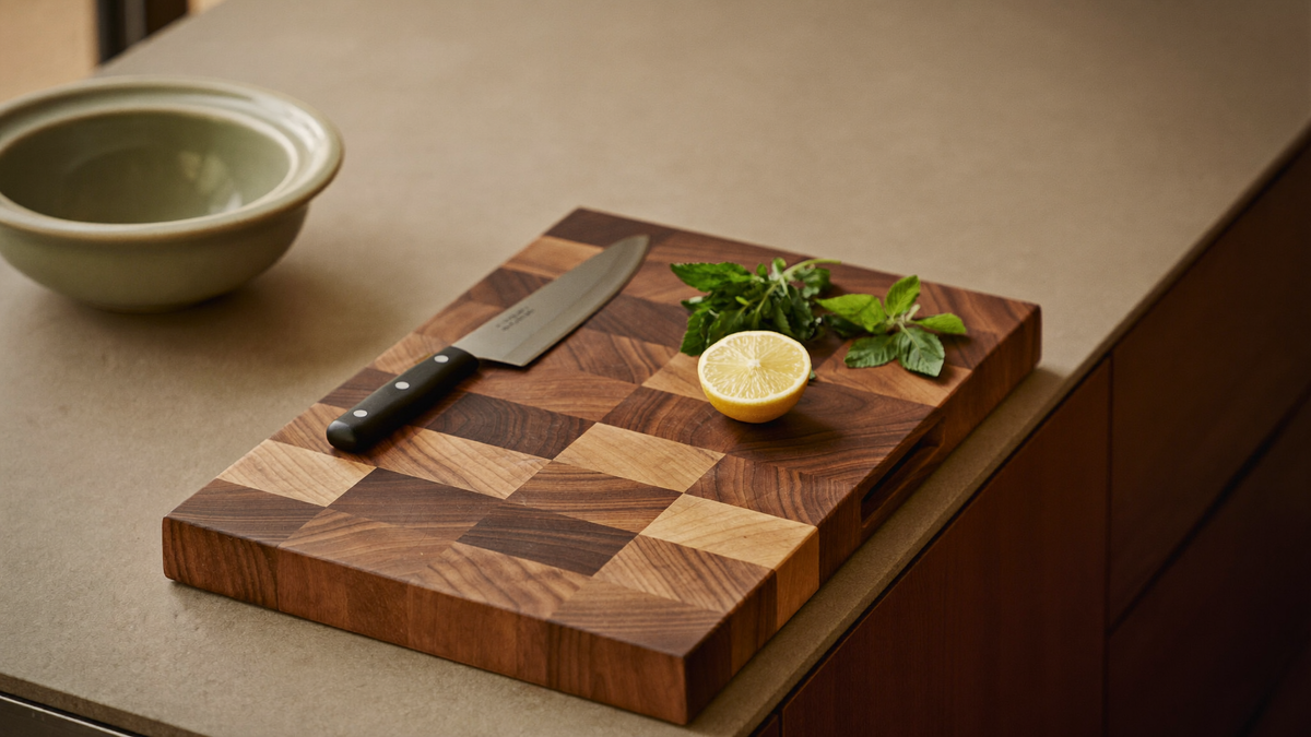 Planche à découper en bois de bout à damier noyer et érable sur un plan de travail clair, couteau de chef et citron à côté